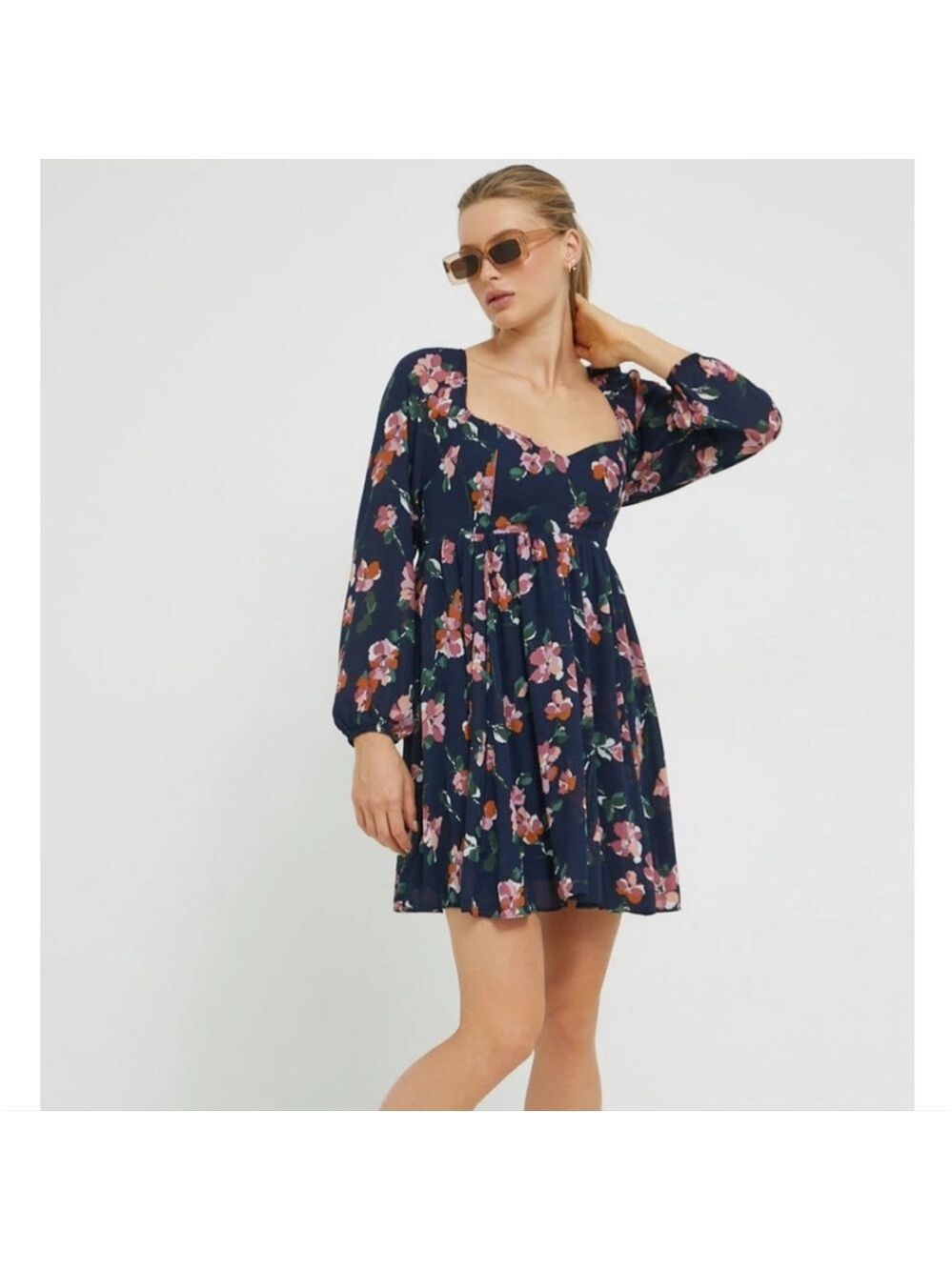 Abercrombie & Fitch Floral Long Sleeve Mini Dress Navy Pink XS Baby Doll